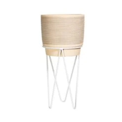 Grey Striped Planter With Wire Stand