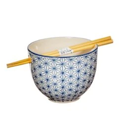 Sashiko Pattern Noodle Bowl With Chopsticks
