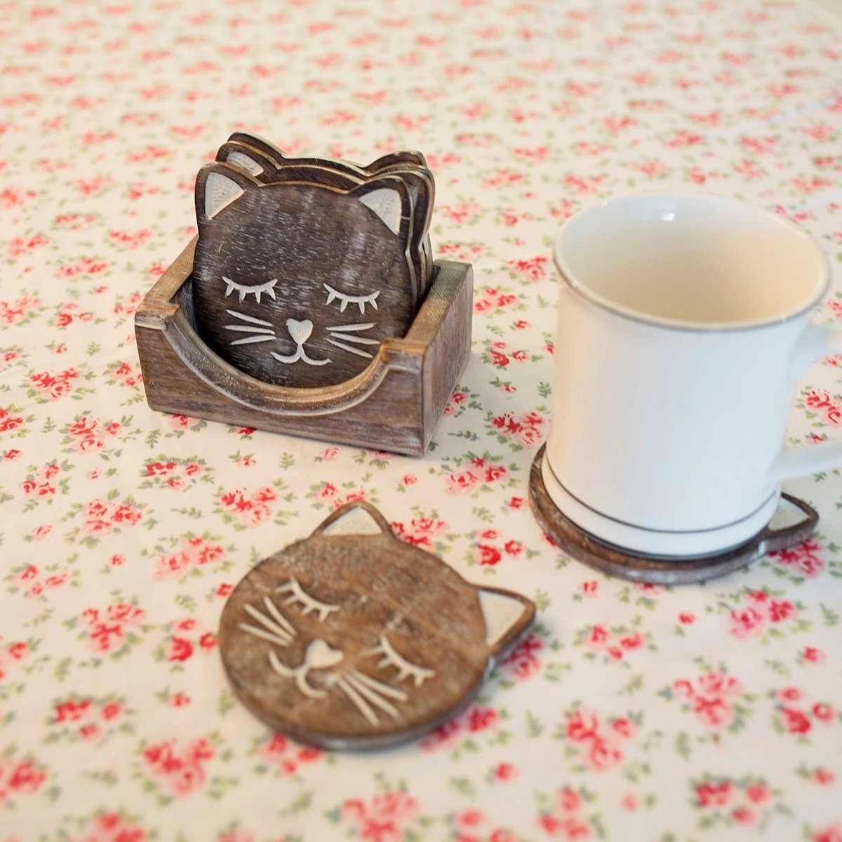 Wooden Brown Carved Cat Coaster - Set Of 6 - Image 5